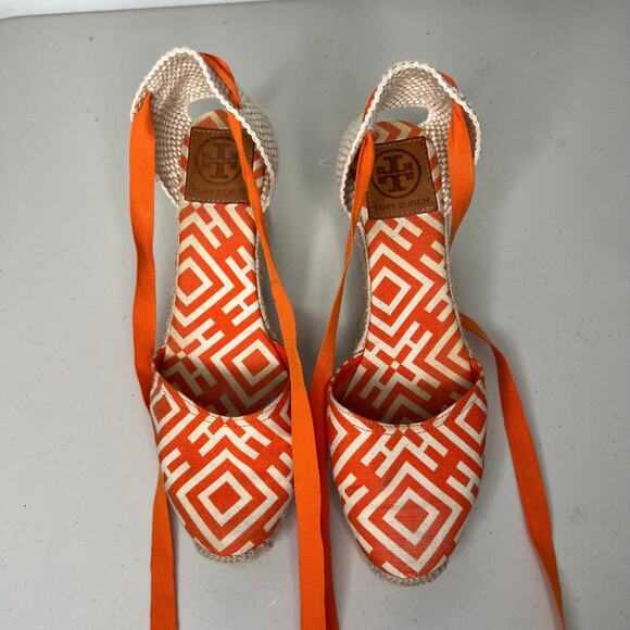 Tory Burch Orange Geometric Lace Up Espadrille Wedge Size 9 - Picture 5 of 11